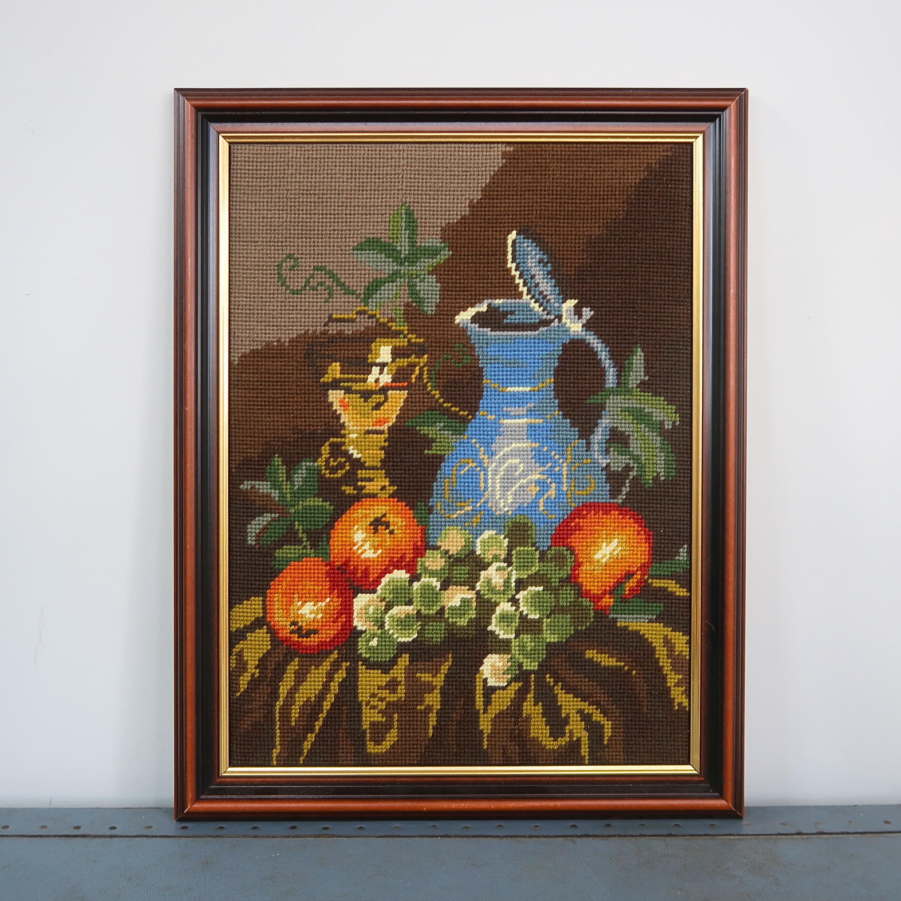 Vintage Still Life Needlepoint Art, Framed Fruit Harvest Wall