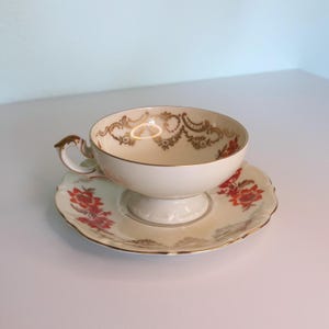 Vintage Royal Ivory Cup & Saucer Set | Red Floral Gold Trim Porcelain Teacup | Made in Japan | Mid Century Teacup Decor