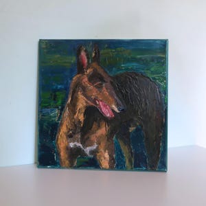 Pintura a óleo vintage de cachorro sobre tela: retrato rústico expressionista de animal de estimação
