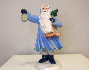 Statuetta di Babbo Natale in ceramica blu vintage, decorazione natalizia scandinava