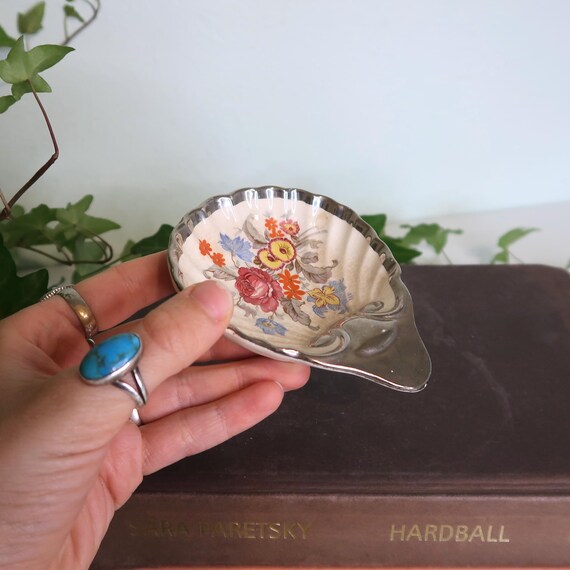 Vintage Floral Trinket Dish: Silver Plate & Ceramic Lancaster Sandland, England View 3