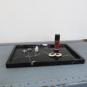 Vintage Black Marble Vanity Tray, Rectangular Minimalist Catchall, Moody Stone Desk Decor