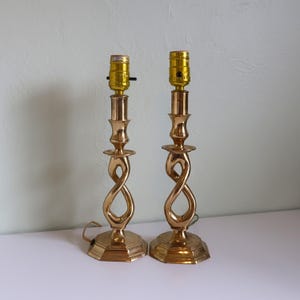 Pair of Vintage 1970s Brass Buffet Lamps | Hollywood Regency Open Twist Table Lamps | Traditional Glam Accent Lighting