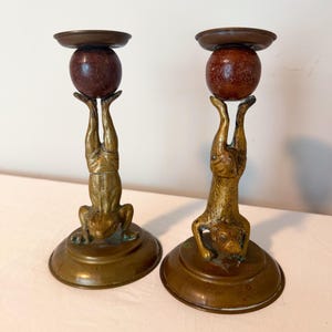 Vintage 1977 Arthur Court Brass Frog and Dog Acrobat Candlestick Holders