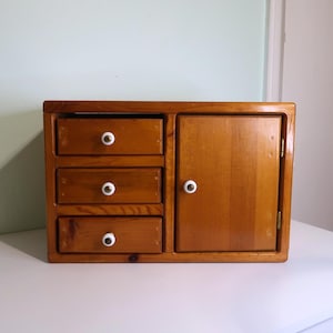 Vintage Wooden Miniature Cabinet with Drawers and Door | Heavy Wood Trinket Box Organizer | Vintage Wood Apothecary Spice Cabinet