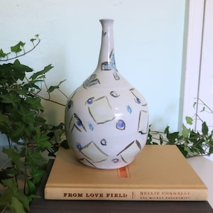 Vintage Studio Pottery Bottle Vase | Signed Original Art Pottery | 1980s 1990s Abstract Geometric Decor | Postmodern Handmade Ceramic