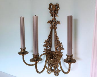 Vintage Brass Wall Sconce Candle Holder | Ornate 3-Arm Rococo Wall Candelabra | French Regency Brass Candle Holder | Antique Wall Decor