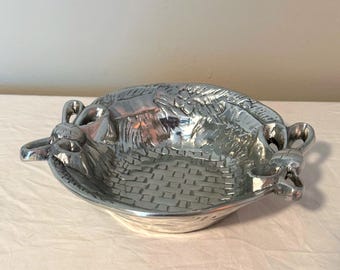 Vintage Mexican Pewter Jewelry Dish, Silver Basket Bowl with Ribbon Handles
