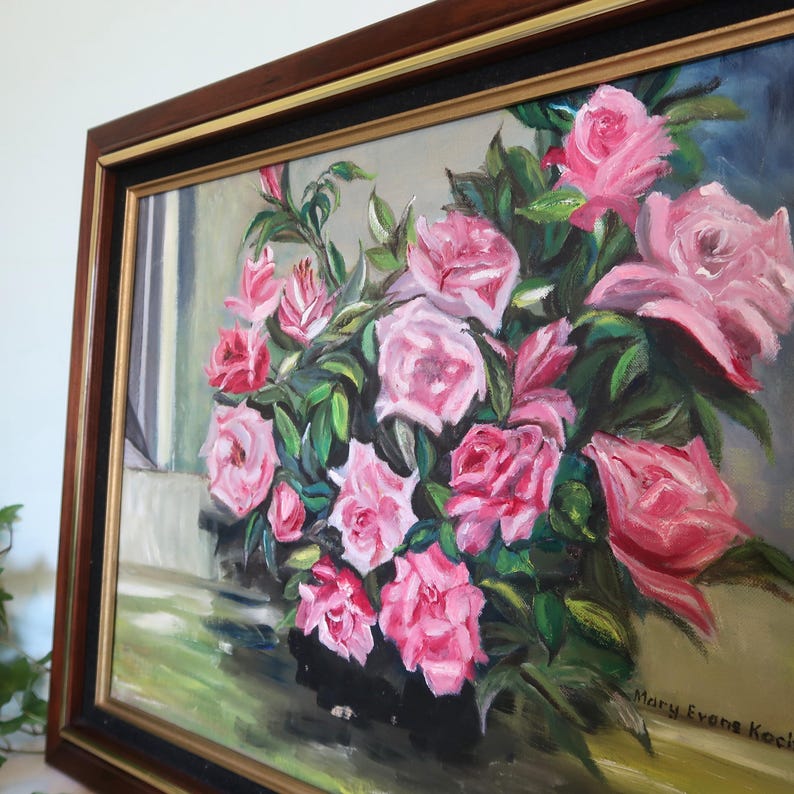 Vintage Pink Roses Oil Painting: Signed Mid-century Floral Still Life ...