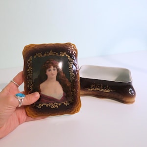 Antique Victorian Portrait Trinket Box | Hand-Painted Porcelain Keepsake Box with Gold Detailing