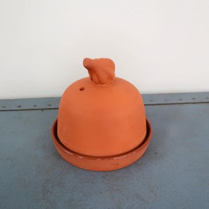 Pode incluir: Uma cloche de terracota com uma pequena pega no topo, assente numa base a condizer. A cloche tem um pequeno orifício na lateral. O artigo é de uma cor laranja quente e terrosa.