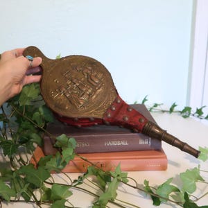 Vintage Fireplace Bellows | Red Leather & Brass Accent | Embossed Fireplace Tool | Rustic Hearth Decor | Working Bellow