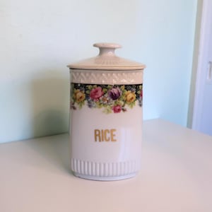 Vintage White Block Germany Porcelain Rice Canister | Floral Storage Jar with Lid