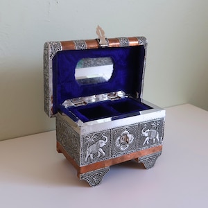 Vintage Indian Silver and Copper Jewelry Box | Embossed Elephant Trinket Box | Boho Blue Velvet Lined Keepsake Chest | Made in India