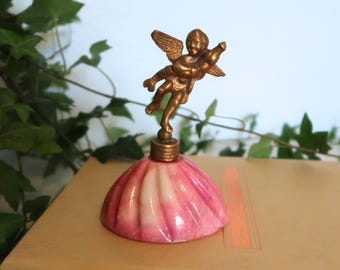 Vintage Italian Brass Cherub Paperweight: Pink Stone Base, Hollywood Regency