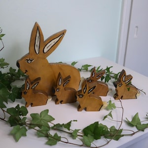 Vintage Wooden Rabbit Family Figurines | 1960s 1970s Scandinavian Modern | Hand-Painted Bunny Set | MCM Nursery Easter Decor