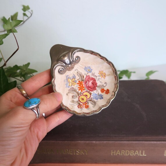 Vintage Floral Trinket Dish: Silver Plate & Ceramic Lancaster Sandland, England View 2
