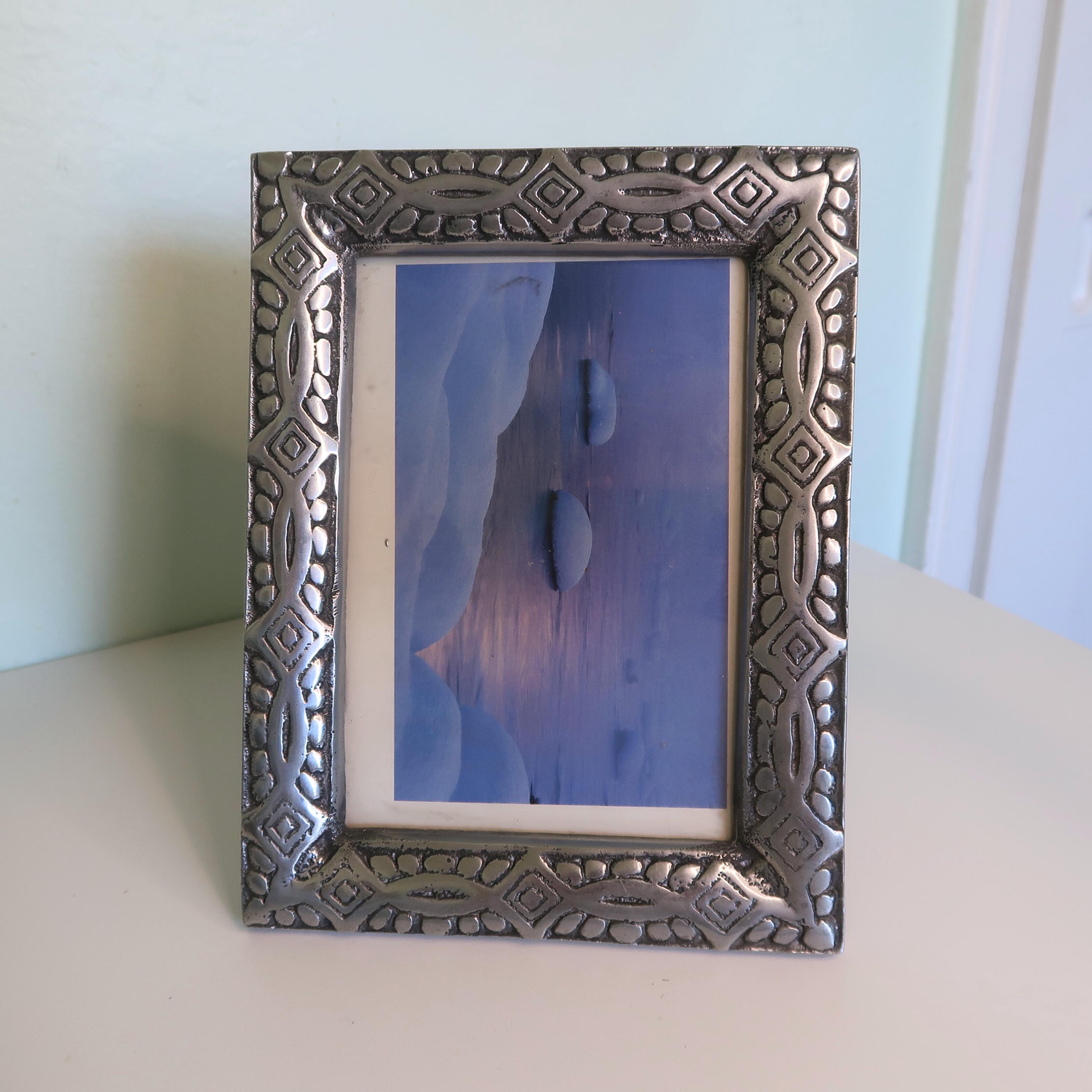 Vintage Silver Metal Picture Frame with Wood Back | Holland Boone Silver Frame | Ornate Embossed 5x7 Frame | Boho Tabletop Decor