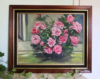 Vintage Pink Roses Oil Painting: Mid-Century Floral Still Life