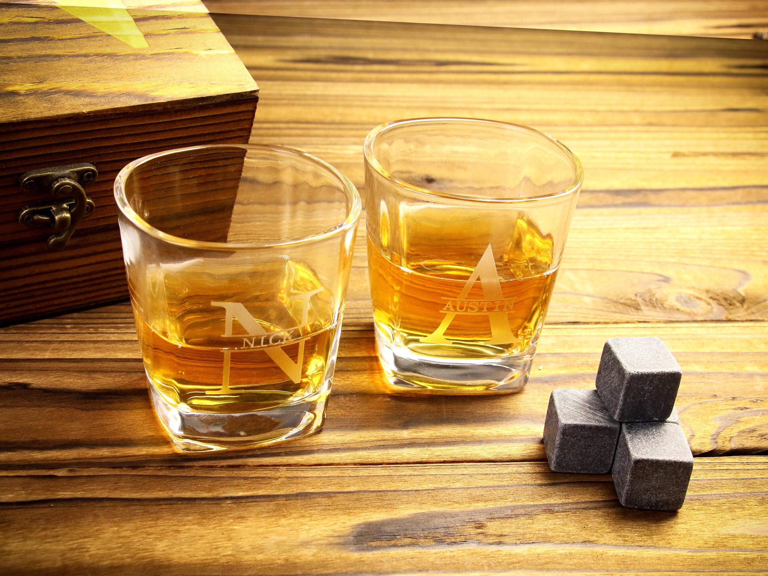 Personalized Whiskey Glass Set With Wooden Box Whiskey Stone Set Personalized whiskey glass set with wooden box whiskey stone set