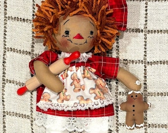 Elsie Gingerbell Handmade Rag Doll, 10 Inch Gingerbread Girl, Primitive Christmas Doll, Gingerbread Baker, Collectible Folk Art