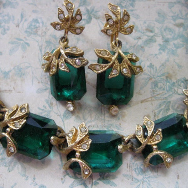 Vintage Rhinestone Necklace and Earrings Set emerald green