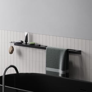 Towel Rack With Bathroom Shelf and Hook - 100cm/40&quot;,  Black Bath Towel Bar, Bathroom Organizer and Housewarming Gift, Peak Collection