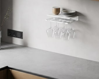 White Wine Glass Holder with Shelf: Wall-Mounted Bar Organizer