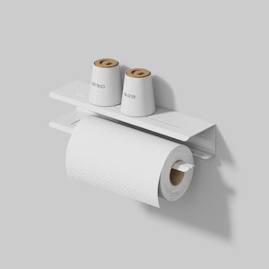 Prateleira de cozinha com suporte para papel toalha em metal branco - acessório prático e organizador de cozinha, armazenamento eficiente na cozinha, presente de cozinha