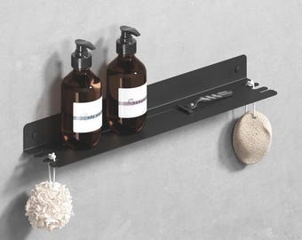 Black Steel Shower Caddy: Modern Floating Shelf with Hooks