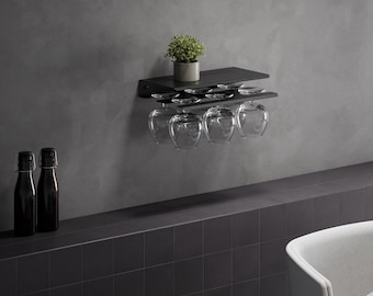 Matte Black Wine Glass Rack with Shelf, Wall Mount Stemware Holder for Home Bar