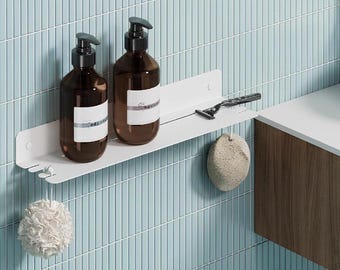White Steel Bathroom Shelf with Hooks - Modern Shower Caddy
