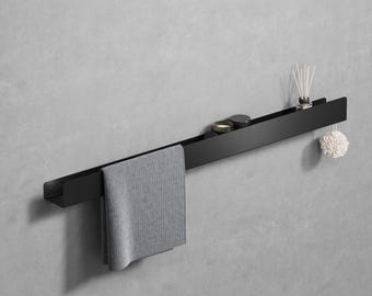 Prateleira flutuante em aço preto com suporte para toalhas: armazenamento moderno para banheiro, 100 cm | 39,37" - à prova de ferrugem
