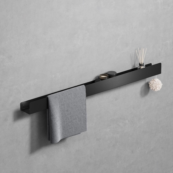 Black Steel Floating Shelf with Towel Bar: Modern Bathroom Storage, 100cm| 39.37" - Rustproof