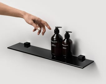 Black Glass Bathroom Shelf: Matte Black Fasteners, Modern Bath Decor - Custom Sizes