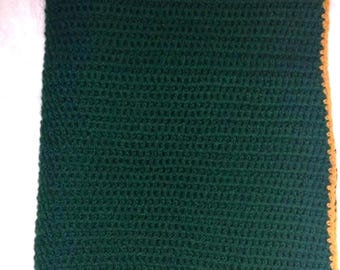 Handmade Crochet Blanket, Hunter Green with Gold Trim