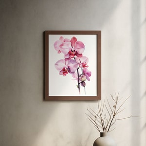 Póster de acuarela de orquídea rosa, decoración de pared, regalo floral, para ella, sala de estar, impresión botánica