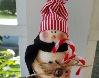 Primitive candy cane snowman tuck ornament