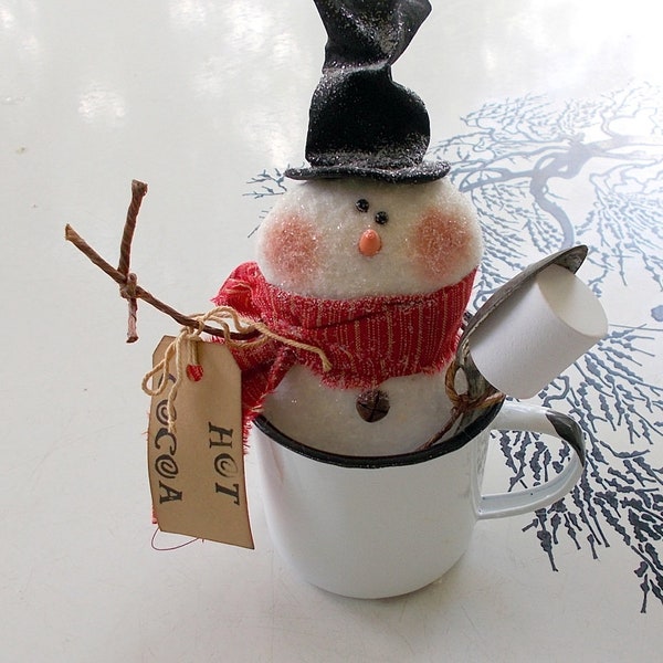 Primitive Snowman granite ware cup hot cocoa