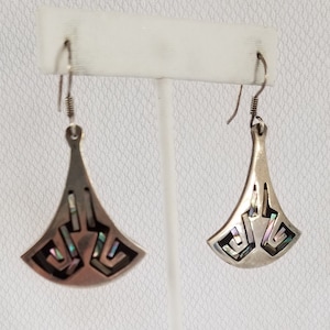 Vintage ABALONE Inlaid Dangle Pierced Earrings   MEXICO 925  TC-110
