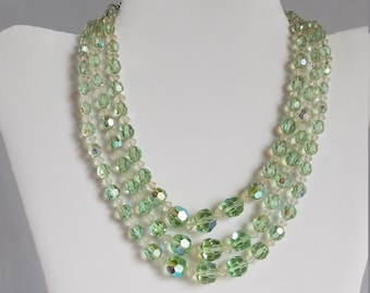 1940's-50's THREE (3) Strand Iridescent GREEN CRYSTAL Graduated Bead 16" Choker Necklace