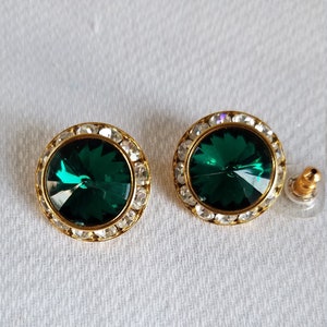 1980's-90's  EMERALD GREEN Rhinestone/Crystal Stud Pierced EARRINGS