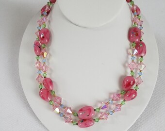 Vintage Handcrafted ART BEAD & CRYSTAL 2 Strand  Necklace