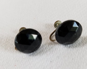 Vintage BLACK FACETED  Screw Back EARRINGS