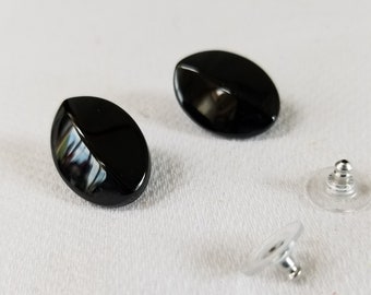 Vintage BLACK GLASS Oval EARRINGS  Pierced