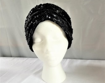 Vintage BLACK SEQUIN  Skull Cap/ Cloche /Cocktail Hat