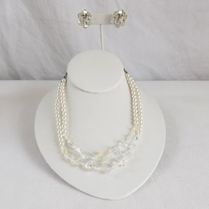 Vintage CRYSTAL & Faux PEARL 2 Strand Choker Necklace w/ Clip On Earrings