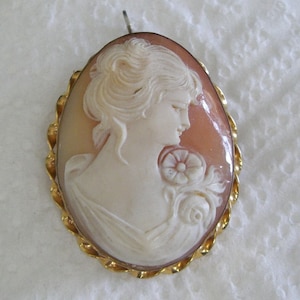 Cameo pendant/pin  carved shell set in 12 k  gold filled  &quot; Woman with Flowers &quot;