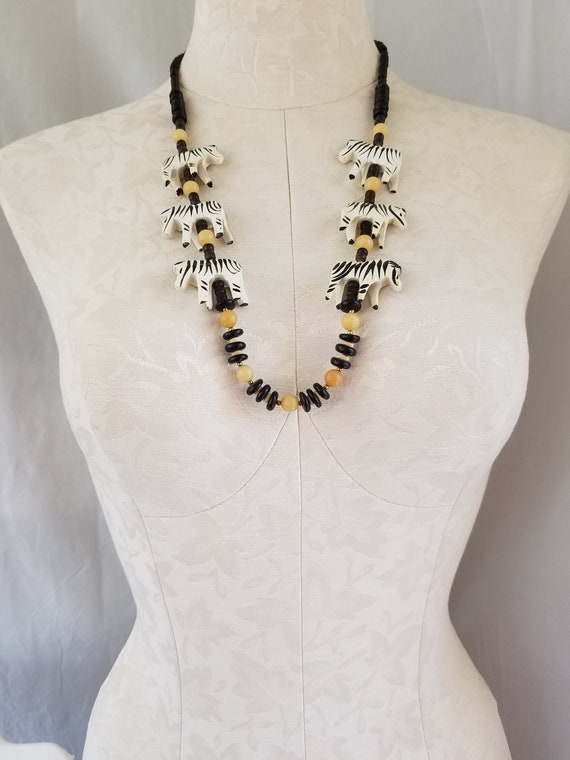 Vintage ZEBRA wooden bead STATEMENT NECKLACE