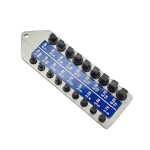 May include: A metal tool with a blue and white background and black plastic tips. The tool is labeled with different sizes in millimeters, ranging from 1.75 mm to 6.00 mm.